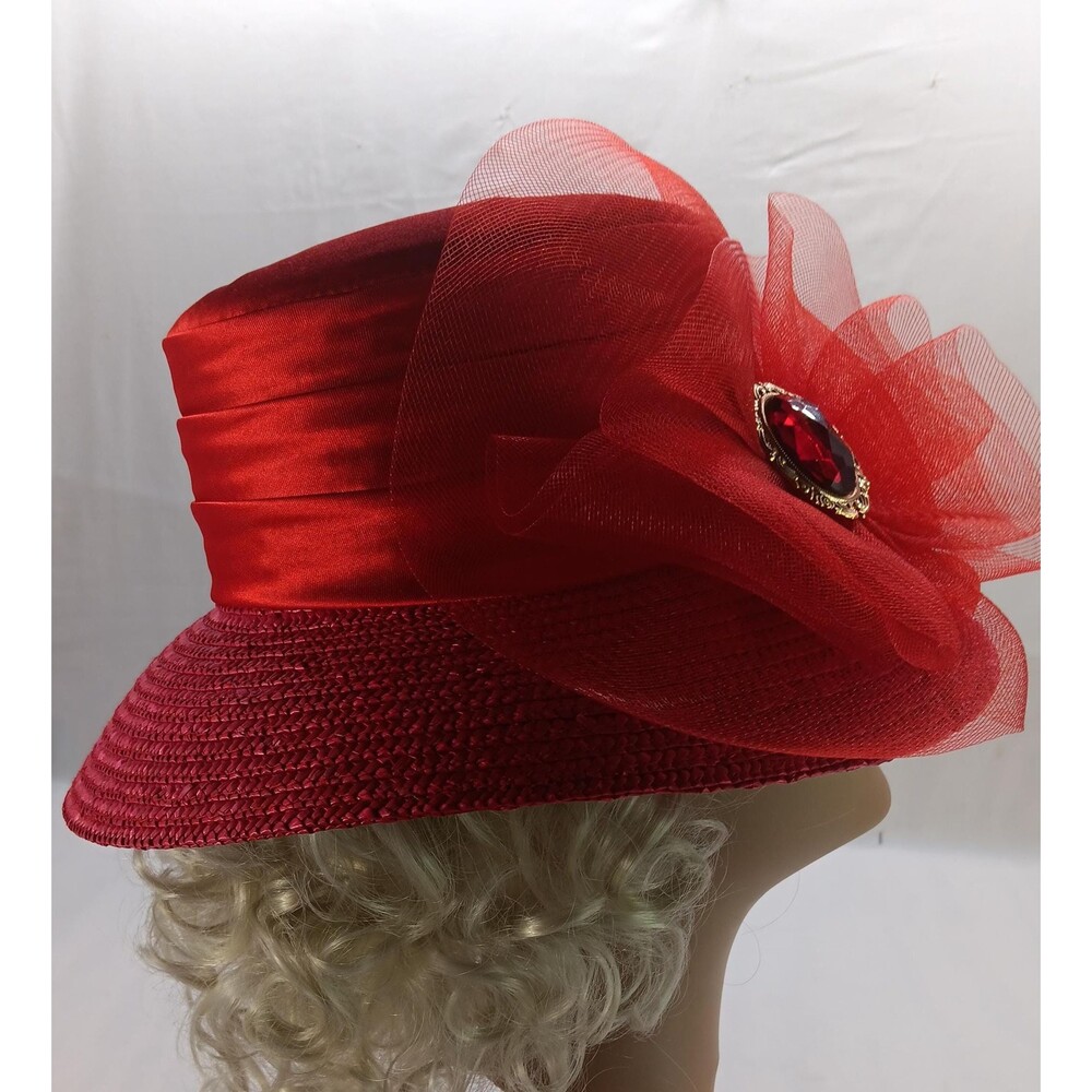 Red Hat Bucket style Straw Brim3 1/2" Crown4" Fit 21" Church derby tea formal